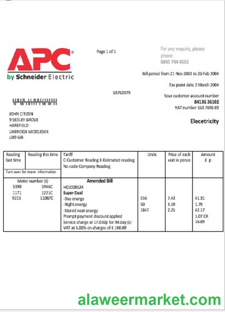 United Kingdom APC electricity utility bill template in Word and PDF format